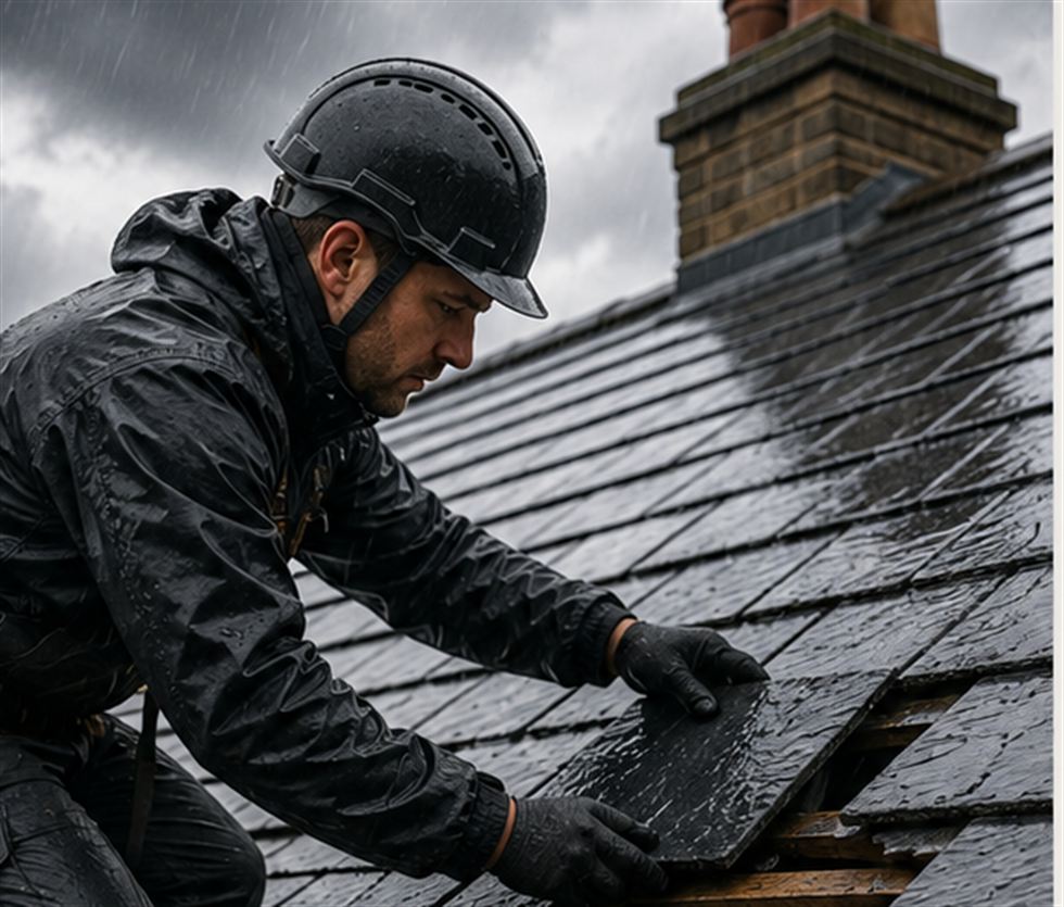 A roofer in wet-weather gear refitting a slipped slate in the rain